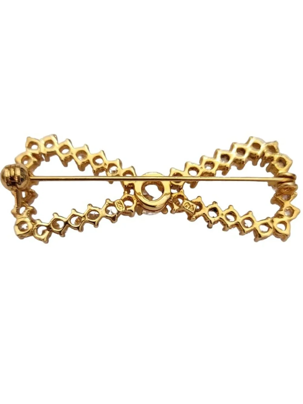 Sterling Silver Gold Vermeil Clear Crystal Rhinestone Bow Brooch Pin E244